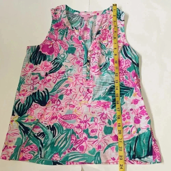 Lilly Pulitzer Via Flora design sleeveless top gold buttons. Pink aqua, size S - Picture 6 of 10